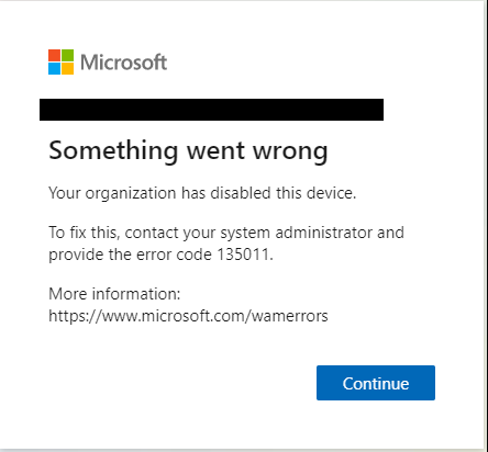 Microsoft Office 365 'Error Code 135011'